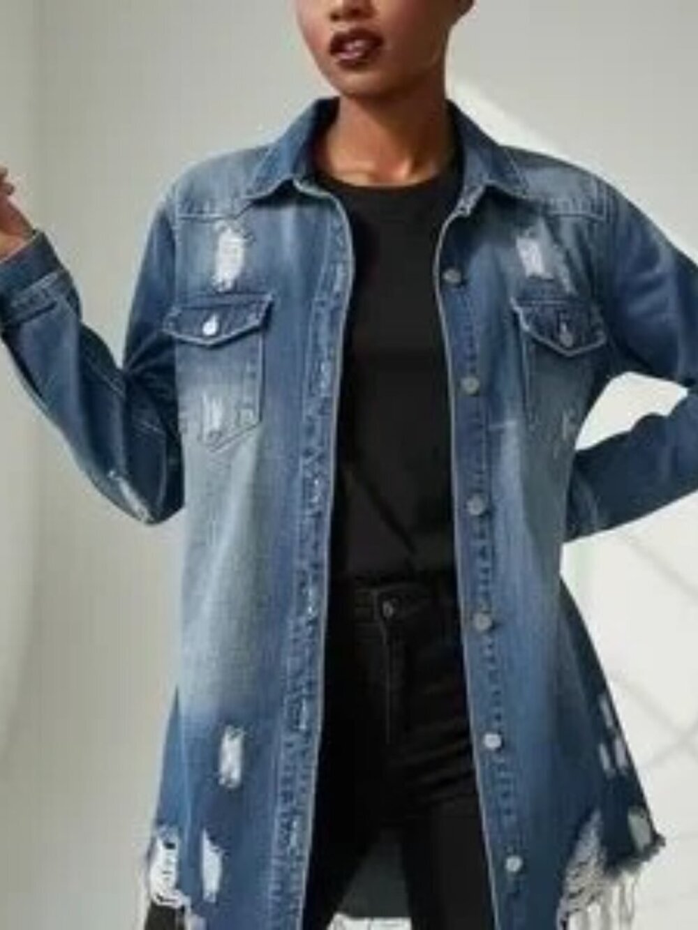 American Bazi Women's Distressed Blue Denim Shacket Frayed Hem 1x